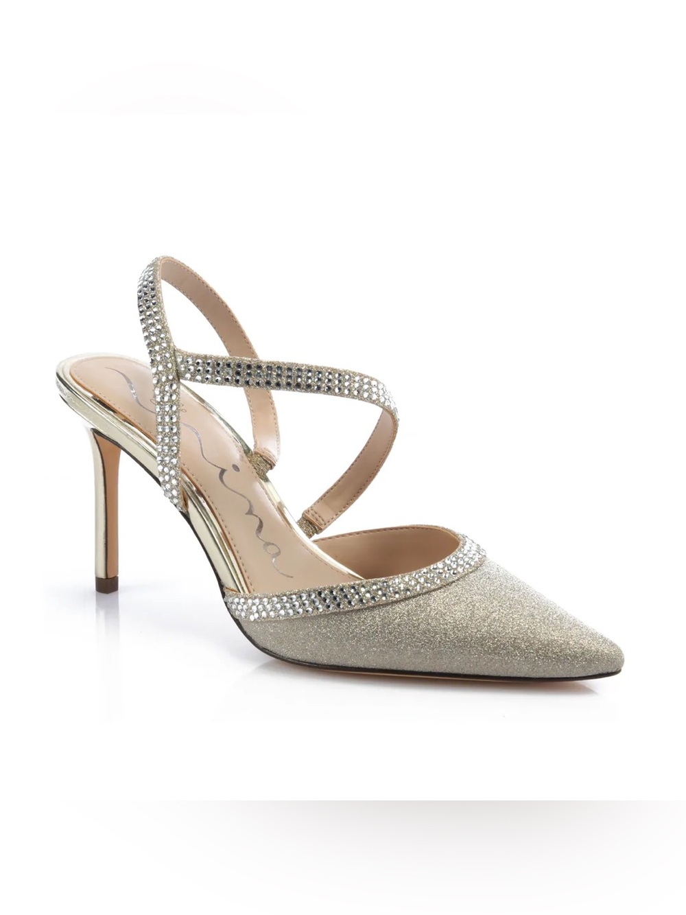 Nina Silver Glitter Pointed-Toe Slingback Heels with Crystal Straps